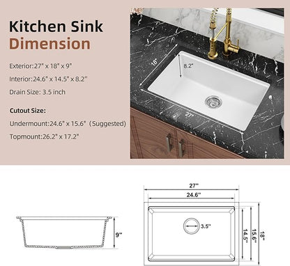 Davivy White Undermount Kitchen Sink 27 Inch, 27 x 18 Dual Mount Granite Composite Workstation Kitchen Sink, Deep Single Bowl with Accessories