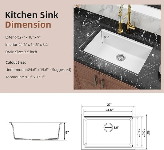 Davivy White Undermount Kitchen Sink 27 Inch, 27 x 18 Dual Mount Granite Composite Workstation Kitchen Sink, Deep Single Bowl with Accessories