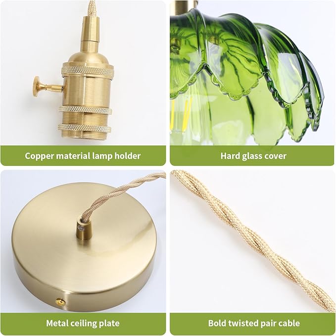 Vintage Pendant Light Green Mid Century Modern Pendant Light with Hand Blown Glass Shade Nordic Style 10" Gold1-Light Farmhouse Chandelier Ceiling Hanging Light fixtures for Dining Room Bedroom