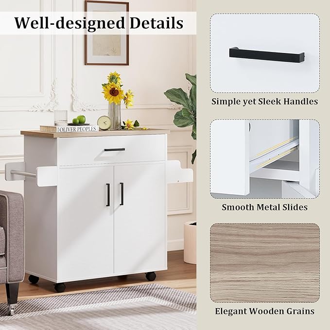 Giantex Kitchen Island with Storage, 41.5" W Rolling Island Table with Cabinet, Drawer, Towel Rack & Spice Rack, Bar Kitchen Cart On Wheels for Living Dining Room, White