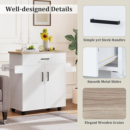 Giantex Kitchen Island with Storage, 41.5" W Rolling Island Table with Cabinet, Drawer, Towel Rack & Spice Rack, Bar Kitchen Cart On Wheels for Living Dining Room, White