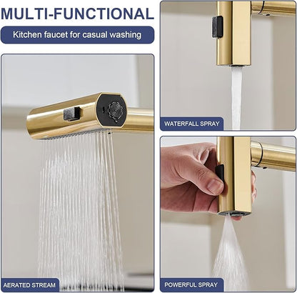 AVSIILE Brushed Gold Touchless Kitchen Faucets with Pull Down Sprayer & Soap Dispenser, Waterfall Single Hole & Handle, Pull Out Sink Faucet, Suitable for Farmhouse Camper Laundry Rv Bar