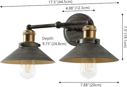 JONATHAN Y 17.5" Rustic Dark Gray/Brass Gold 2-Light Industrial Farmhouse Metal Vanity Light Wall Sconce, Metal Shade for Bathroom Mirror, Kitchen, Entryway, LED Bulb Included (JYL7427D)