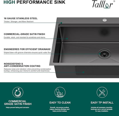 33 Inch Gunmetal Black Drop In Stainless Steel Kitchen Sink, Single Bowl 16 Gauge Workstation Large Sink with Mixing Bowl and Pasta Strainer #TLT-0057