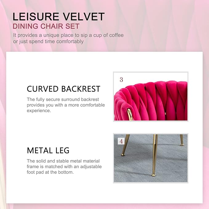 Nrizc Woven Dining Chairs Set of 6, Velvet Upholstered Dining Chairs with Gold Metal Legs, Modern Accent Chairs for Living Room, Dining Room, Kitchen (Rose Red)