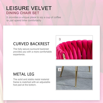 Nrizc Woven Dining Chairs Set of 6, Velvet Upholstered Dining Chairs with Gold Metal Legs, Modern Accent Chairs for Living Room, Dining Room, Kitchen (Rose Red)
