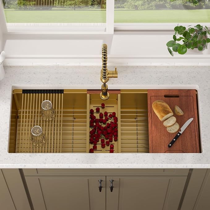 Lordear Luxury 45 Inch Gold Undermount Kitchen Sink Large Ledge Workstation T304 16 Gauge Stainless Steel Single Bowl Under Counter Gold Kitchen Sink with Built-in Accessories 45''x19''x10''