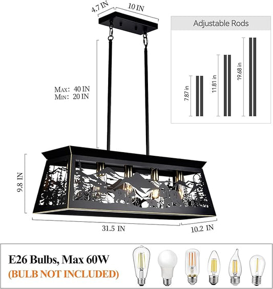 Rustic Dining Room Light Fixture, Bear Kitchen Island Lighting, 32-Inch 5-Light Black Rectangle Farmhouse Chandeliers, Adjustable Height Pendant Light for Kitchen Island, Dining Room Over Table