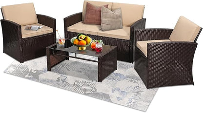 KROFEM 4-Piece Patio Furniture Set, Wicker Outdoor Rattan Sectional Sofa with Cushions and Glass Table, All-Weather Outdoor Conversation Set, Ideal for Garden, Porch, Backyard, Beige