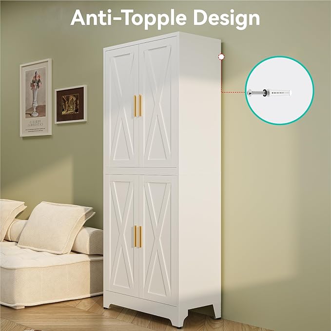 75" H Metal Storage Cabinet,31.5" Wide by 15.8" Deep Pantry Cabinet with 2 Adjustable Shelves,Farmhouse Cabinet for Bathroom Living Room Dining Room Kitchen,White