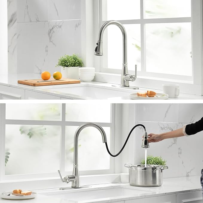 Kitchen Faucet with Pull Down Sprayer, 17 inch Brushed Nickel Antique Single Handle Pull Out Kitchen Sink Faucet with Deck Plate for Classic Modern Ktichen