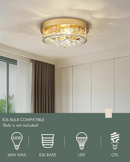 12" Flush Mount Ceiling Light, Farmhouse Style, Hammered Glass,Brass Gold, for Living Room, Bedroom, Dining – CKCL4822-2W-HGBB