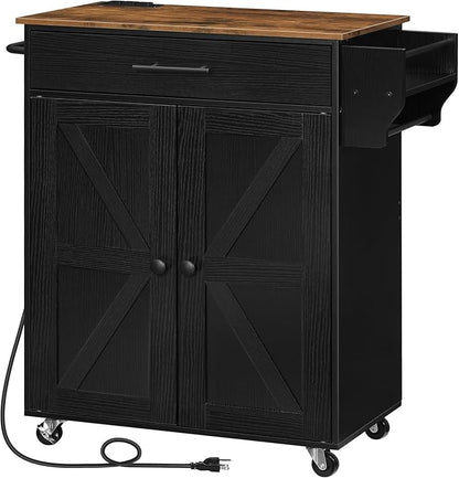 HOOBRO Kitchen Island with Power Outlet, Rolling Kitchen Island with Large Worktop, Kitchen Island Cart with Spice Rack and Drawer, Island Table for Dining Room, Rustic Brown and Black BF88UZD01