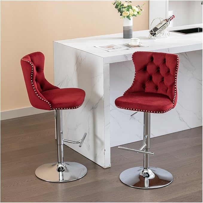 Swivel Velvet Barstools Adjusatble Seat Height from 25-33 Inch, Modern Upholstered Chrome Base Bar Stools with Backs Comfortable Tufted for Home Pub and Kitchen Island（Burgundy,Set of 2）