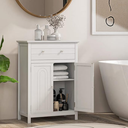Tangkula White Bathroom Cabinet, Freestanding Wooden Storage Cabinet w/Large Drawer & Cabinet, 2 Doors, 3 Heights Adjustable Shelf, Bathroom Storage for Living Room Kitchen (White)