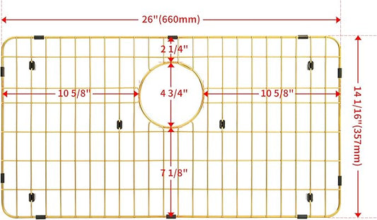 Kitchen Sink Grid, Kitchen Sink Protectors, Stainless Steel Sink Grids for Bottom, 26" x 14" with Rear Drain for Single Sink Bowl, Golden Color
