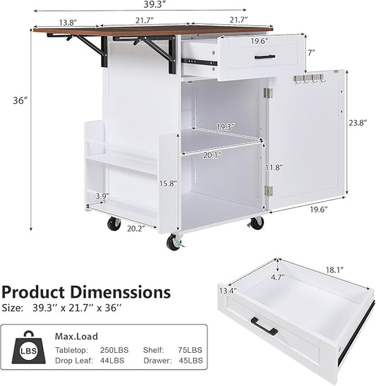 39.3" Farmhouse Kitchen Island with Drop Leaf and Open Side Rack, Small Kitchen Rolling Cart with Drawer and Storage Cabinet, Mobile Dining Table with Lockable Wheels and Towel Rack for Garden White