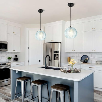 Glass Pendant Light Fixtures, Mid-Century Modern Hanging Lamp with 8.2" Light Blue Shade, Gold Chandelier Coastal Ceiling Light for Dining Table, Kitchen Island, Bedroom