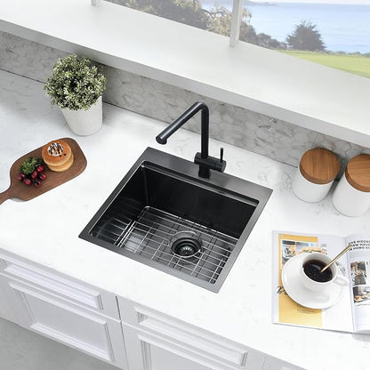 21x20 Black Bar Sink Drop In - 16 Gauge Black Stainless Steel Small Kitchen Sink, 10" Deep Single Bowl Workstation Sinks with Accessories for RV, Outdoor Kitchen & Wet Bar