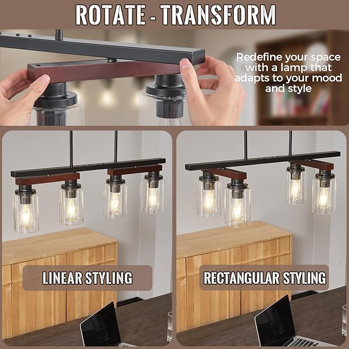 4-Light Kitchen Island Lighting & Farmhouse Dining Room Light Fixtures Over Table, Rustic Wood Linear Chandelier Adjustable Ceiling Hanging Pendant- Rotating Design, Customizable Shapes, Clear Glass