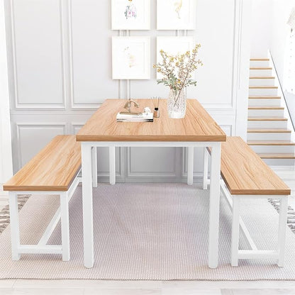 Recaceik 47” Dining Table Set for 4, 3-Piece Kitchen Table with 2 Benches, Wood Kitchen Table and Chair Set, Space-Saving Dining Room Set Dinette Set for Breakfast Nook and Small Space, Beige