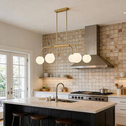 LamQee 41 Inch Mid Century Modern Linear Chandelier, 6 Lights Milk Glass Globe Chandeliers Light Fixture with Gold and White Ball, Large Pendant Lighting Ceiling Hanging for Dining Room Kitchen Island