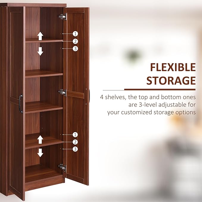 63" Kitchen Pantry, Freestanding Storage Cabinet with 5-Tier Shelving and 2 Adjustable Shelves, 2-Door, Brown, Easy to Maintain, for Dining Room