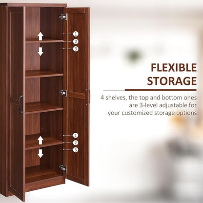 63" Kitchen Pantry, Freestanding Storage Cabinet with 5-Tier Shelving and 2 Adjustable Shelves, 2-Door, Brown, Easy to Maintain, for Dining Room
