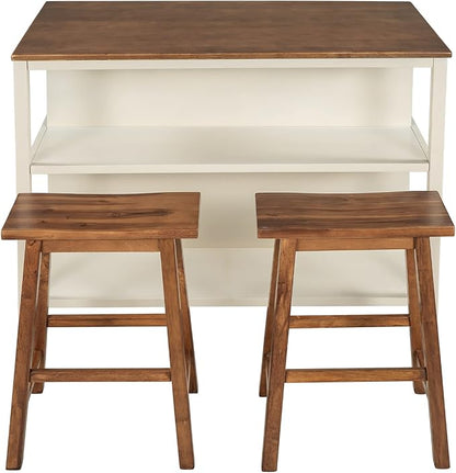 P PURLOVE 3 Piece Dining Table Set Kitchen Island Set with 2 Chairs Wood Butcher Block Dining Table Set Prep Table Set with 2 Open Shelves for Small Places