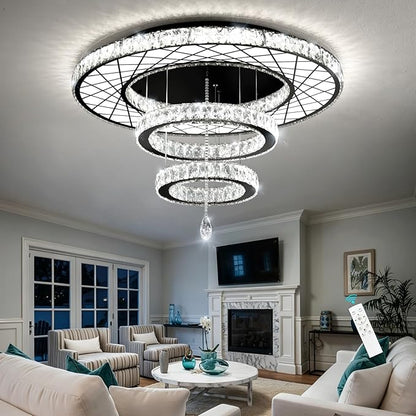HAIXIANG Crystal Glam Chandelier LED Ceiling Light Living Room Lighting Fixtures Remote Dimmable Ceiling Chandeliers 32 Inches Light Black Lamp