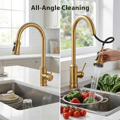 Gold Brushed Nickel Kitchen Faucet with Pull Down Sprayer, Vintage 3 Mode Sprayer Kitchen Sink Faucet for Praticial Use, Antique Farmhouse Style, Deck Mount
