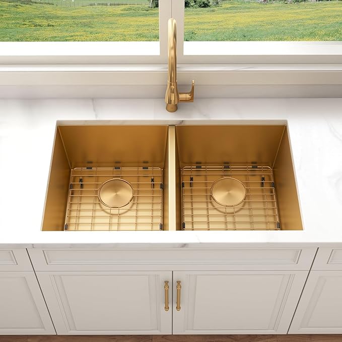Double Bowl Gold Kitchen Sink 31" X 18",50/50 Double Bowl Undermount Kitchen Sinks,16 Gauge Stainless Steel Undermount Gold Sink