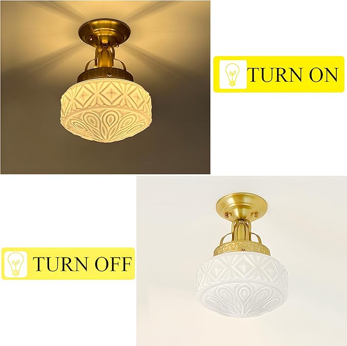 Bofea-Gold Semi Flush Mount Ceiling Light,Brass Vintage Flush Mounted Ceiling Lighting with Milk White Glass Shade, Mid-Century Style Ceiling Light Fixture for Hallway Foyer Loft Bathroom Bedroom. (A)