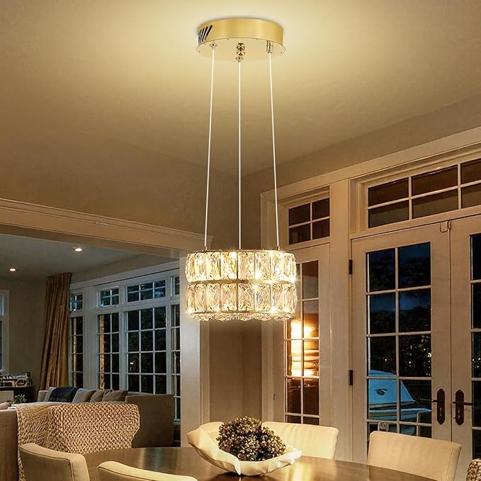 Led 7.8" Gold Ring Crystal Chandelier, Modern Dimmable Chandeliers Lighting and Hanging Adjustable, LED Round Ceiling Light Fixtures for Dining Room Living Room