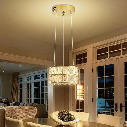 Led 7.8" Gold Ring Crystal Chandelier, Modern Dimmable Chandeliers Lighting and Hanging Adjustable, LED Round Ceiling Light Fixtures for Dining Room Living Room