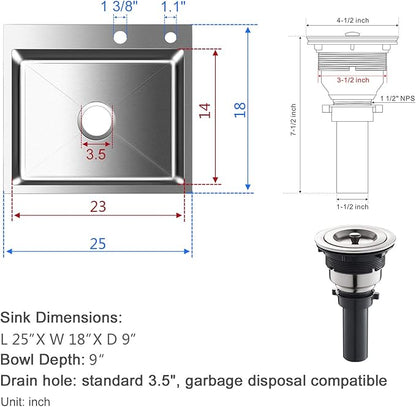 25x18 Inch Kitchen Sink Drop in, Premium T-304 Grade Stainless Steel Sink, 9" Deep Single Bowl with Brushed Finish, R10 Tight Corner, 2 Pre-Drilled Holes, Topmount Sink with Strainer