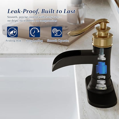 BWE Bathroom Sink Faucet Gold with Matte Black Waterfall Farmhouse Vanity Lavatory Single Hole Faucets One Handle Bath Antique Mixer with Water Supply Line