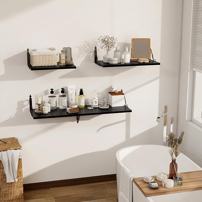 Dreamland Deep Floating Shelves, 24" W x 12" D Wall Shelves Set of 2, Wide Display Shelf Wall Mounted with Brackets, Bookshelf for Living Room, Bathroom, Bedroom, Black