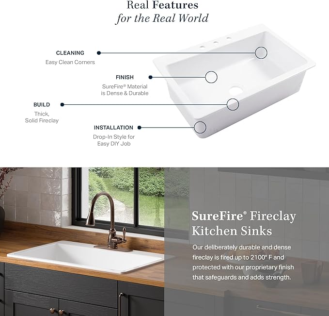 Sinkology Jackson 33 Inch Black Fireclay Drop-In Kitchen Sink, Single Bowl, 3 Faucet Holes, Fits 36 Inch Cabinet, Surefire Finish