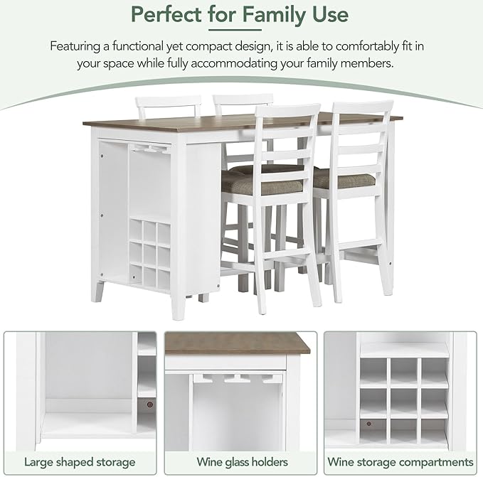 5-Piece Multi-Functional Counter Height Dining Table with 4 Chairs, Kitchen Table Set for 4, Rustic Style Dining Room Table Set with Bar Wine Compartment and Wineglass Holders, Brown + White Wash