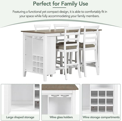 5-Piece Multi-Functional Counter Height Dining Table with 4 Chairs, Kitchen Table Set for 4, Rustic Style Dining Room Table Set with Bar Wine Compartment and Wineglass Holders, Brown + White Wash