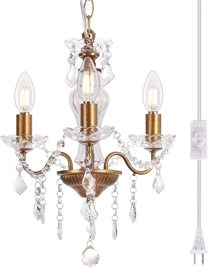 Plug in Chandelier with Glass Crystals, 3-Light Vintage Gold Miniature Crystal Chandelier, Modern Pendant Light for Small Spaces, Bedroom Kitchen Island Entryway Covered Patio, E12 Base