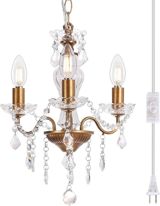Plug in Chandelier with Glass Crystals, 3-Light Vintage Gold Miniature Crystal Chandelier, Modern Pendant Light for Small Spaces, Bedroom Kitchen Island Entryway Covered Patio, E12 Base