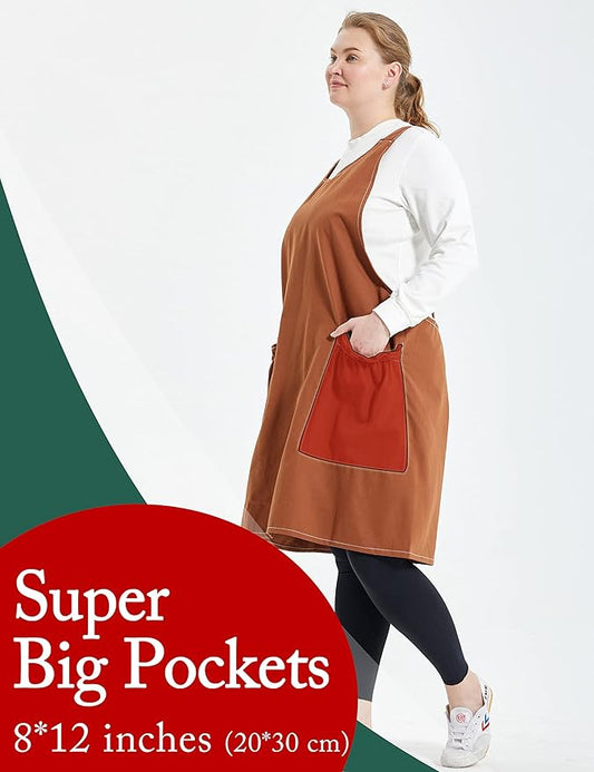 Big Plus Size Aprons for Women with Pockets Cotton Linen Baking Kitchen Cooking