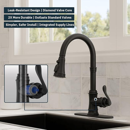 BWE Black Kitchen Faucet with Pull Down Sprayer, Solid Brass High Arc Single Handle Sink Faucet for Farmhouse Kitchen, 3 Spray Modes
