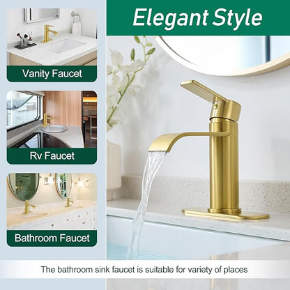 VOTON Waterfall Bathroom Faucet Brushed Gold, Single Handle 1 or 3 Hole Modern Sink Faucet with Deck Plate & Pop-Up Drain, RV Camper Vanity Washbasin Tap