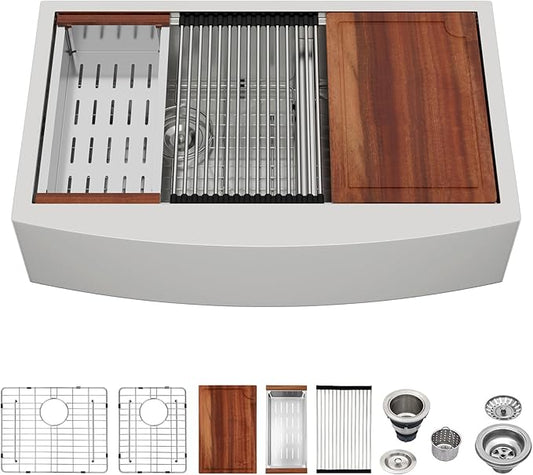 Logmey 33x21 Double Bowl Kitchen Sink 60/40 Farmhouse Sink 16 Gauge Stainless Steel Apron Front Farmer Kitchen Sinks Ledge Workstation Low Divide Double Basin Farm Sink 33x21x9