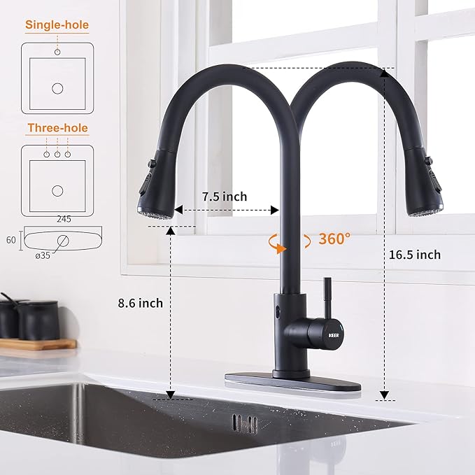 Keer Touchless Kitchen Faucet with Pull Down Sprayer, Motion Sensor Kitchen Faucet with Kitchen Soap Dispenser, Single Kitchen Faucet Pull Out Faucet,Matte Black