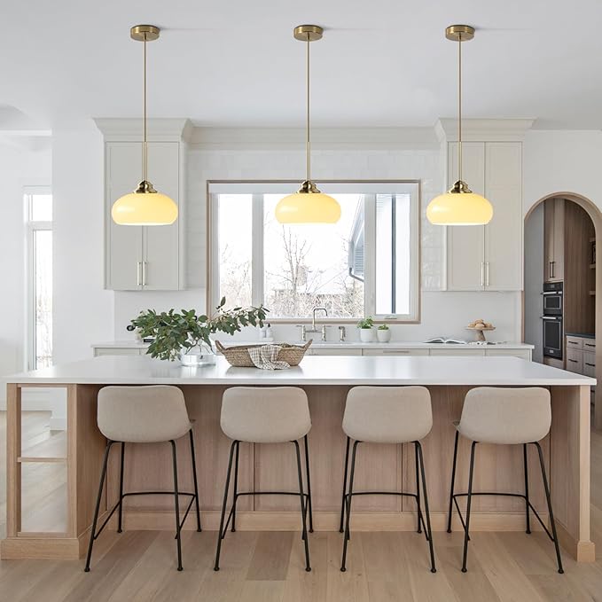 KCO Lighting Modern Globe Ceiling Light Brass Dome Pendant Light Yellow Glass Pendant Light Brushed Gold Pendant Lighting Adjustable Hanging Ceiling Light for Dining Room
