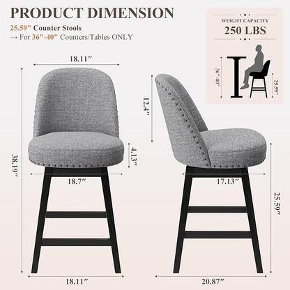 MALOL Swivel Bar Stool, Upholstered Fabric Mid Century Mondern Barstool, 26 inch Counter Height Bar Chair with Solid Back and Wood Legs, for Kitchen Island，Dark Grey